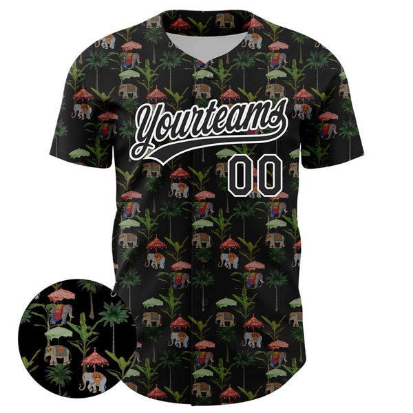 Custom Black White 3D Pattern Design Animal Elephant And Hawaii Palm Trees Authentic Baseball Jersey alternate