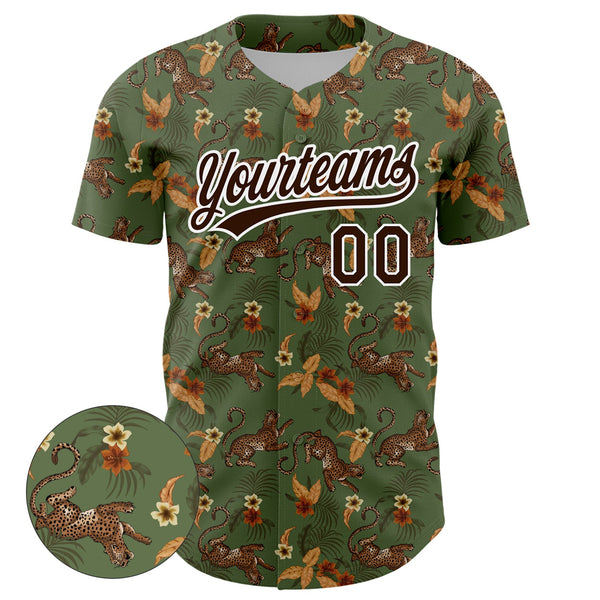 Custom Green Brown-White 3D Pattern Design Animal Leopard And Hawaii Palm Leaves Authentic Baseball Jersey alternate
