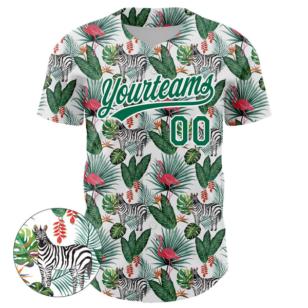 Custom White Kelly Green 3D Pattern Design Animal Zebra Flamingo And Hawaii Palm Leaves Authentic Baseball Jersey alternate