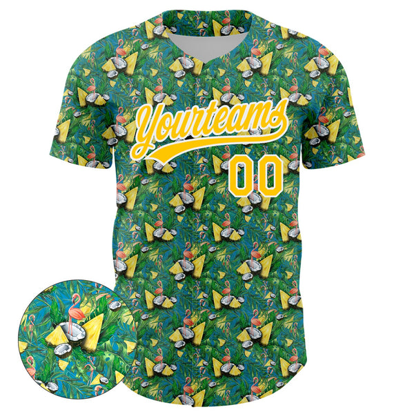 Custom Green White-Yellow 3D Pattern Design Animal Flamingo And Hawaii Palm Leaves Authentic Baseball Jersey alternate