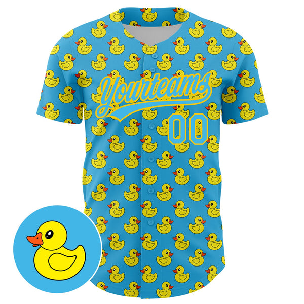 Custom Sky Blue Yellow 3D Pattern Design Animal Duck Authentic Baseball Jersey alternate