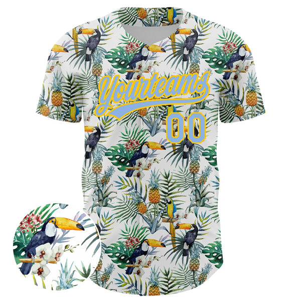 Custom White Light Blue-Yellow 3D Pattern Design Animal Toucan And Tropical Hawaii Palm Leaves Authentic Baseball Jersey alternate