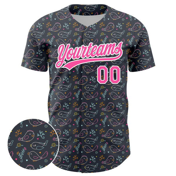 Custom Navy Pink-White 3D Pattern Design Animal Bird Authentic Baseball Jersey alternate