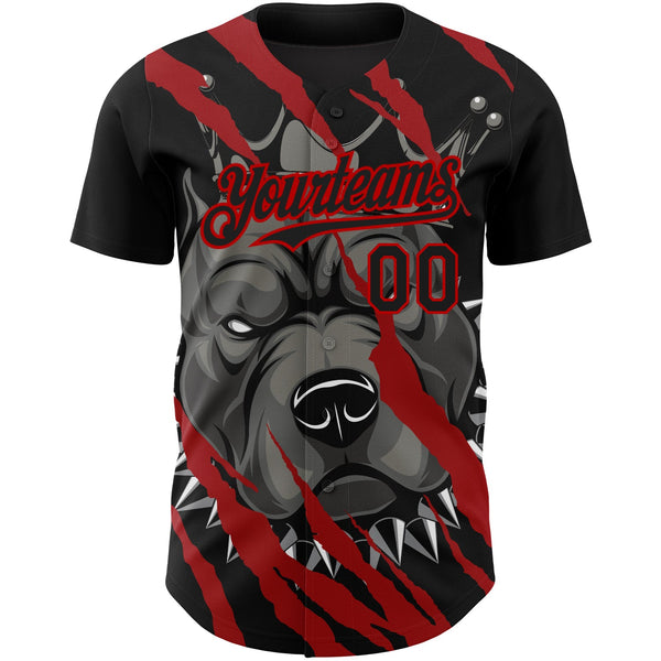 Custom Black Red 3D Pattern Design Animal Pitbull Dog Authentic Baseball Jersey alternate