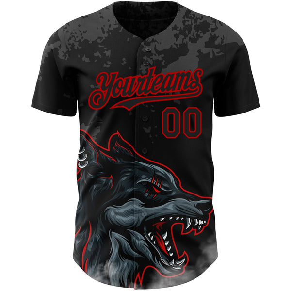 Custom Black Red 3D Pattern Design Animal Wolf Authentic Baseball Jersey alternate