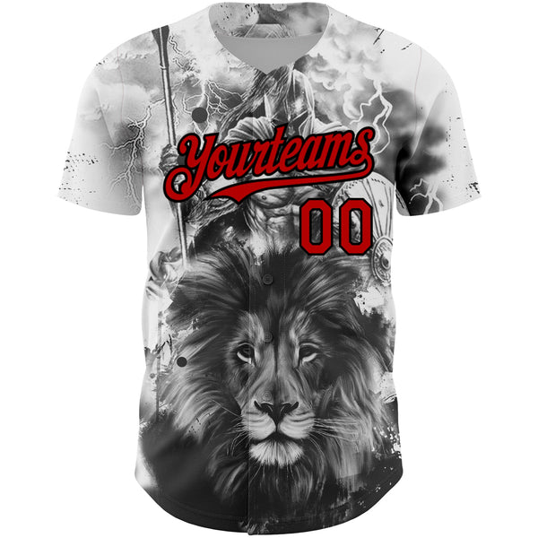 Custom White Red-Black 3D Pattern Design Animal Lion Authentic Baseball Jersey alternate