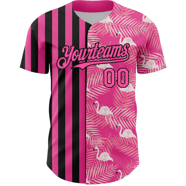 Custom Pink Black 3D Pattern Design Tropical Palm Leaves And Famingo Authentic Baseball Jersey alternate