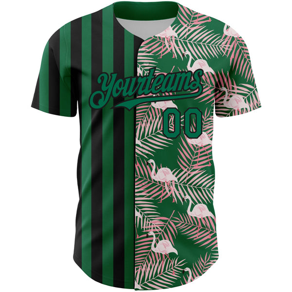 Custom Kelly Green Black 3D Pattern Design Tropical Palm Leaves And Famingo Authentic Baseball Jersey alternate