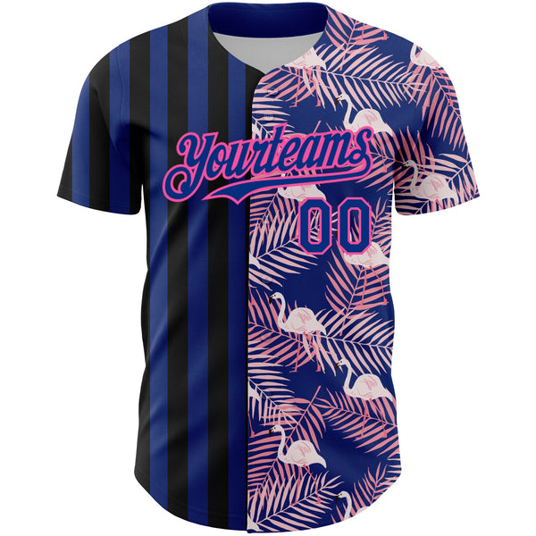 Custom Royal Pink-Black 3D Pattern Design Tropical Palm Leaves And Famingo Authentic Baseball Jersey alternate