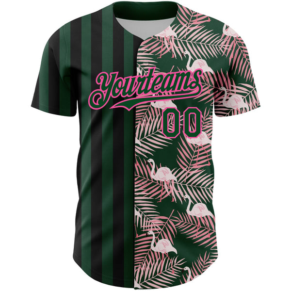 Custom Green Pink-Black 3D Pattern Design Tropical Palm Leaves And Famingo Authentic Baseball Jersey alternate
