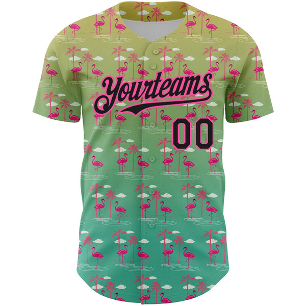 Custom Green Black-Pink 3D Pattern Design Tropical Hawaii Palm Trees And Flamingo Authentic Baseball Jersey alternate