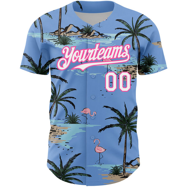Custom Light Blue White-Pink 3D Pattern Design Tropical Hawaii Palm Trees Authentic Baseball Jersey alternate