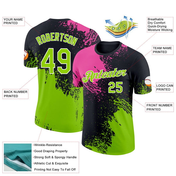 Custom Pink Neon Green-Black 3D Pattern Design Abstract Brush Stroke Performance T-Shirt alternate
