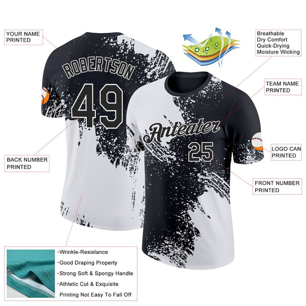 Custom White Black 3D Pattern Design Abstract Brush Stroke Performance T-Shirt alternate