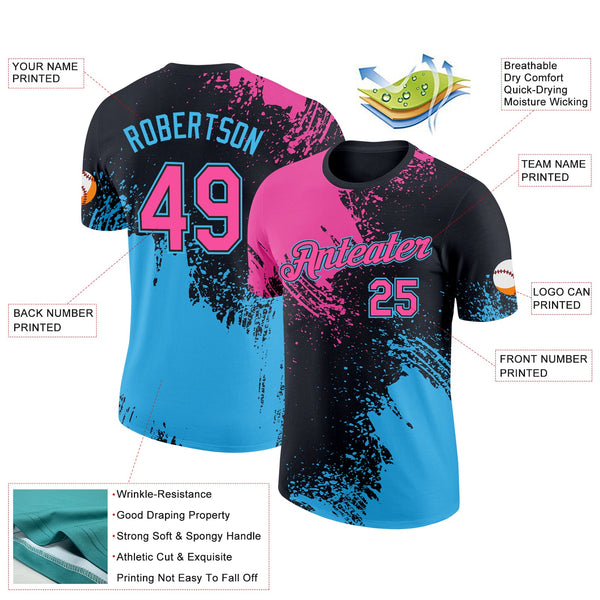 Custom Black Pink-Sky Blue 3D Pattern Design Abstract Brush Stroke Performance T-Shirt alternate