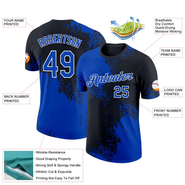 Custom Thunder Blue Black-White 3D Pattern Design Abstract Brush Stroke Performance T-Shirt alternate