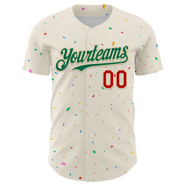 Custom Cream Kelly Green-Red 3D Pattern Design Confetti Authentic Baseball Jersey alternate