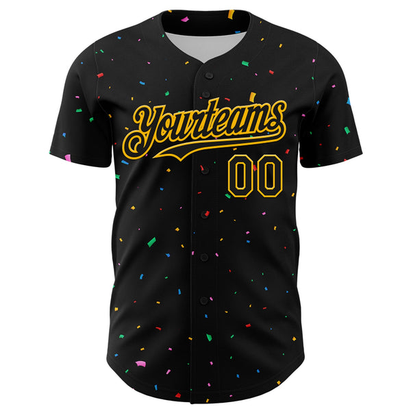 Custom Black Gold 3D Pattern Design Confetti Authentic Baseball Jersey alternate