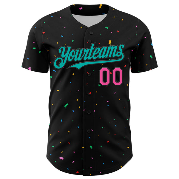 Custom Black Aqua-Pink 3D Pattern Design Confetti Authentic Baseball Jersey alternate