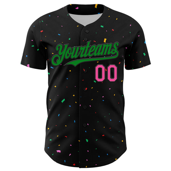 Custom Black Grass Green-Pink 3D Pattern Design Confetti Authentic Baseball Jersey alternate