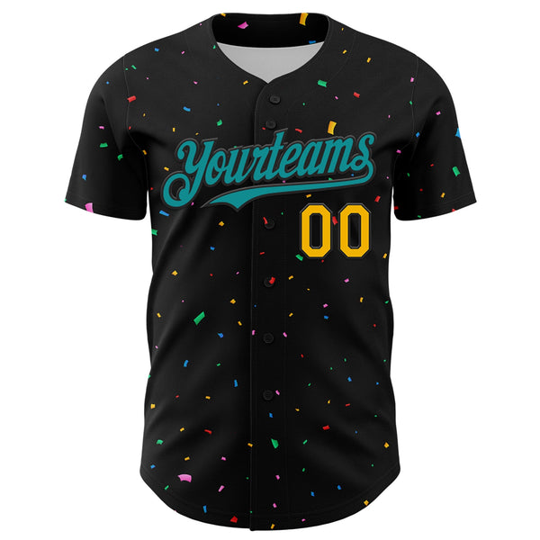 Custom Black Teal-Gold 3D Pattern Design Confetti Authentic Baseball Jersey alternate