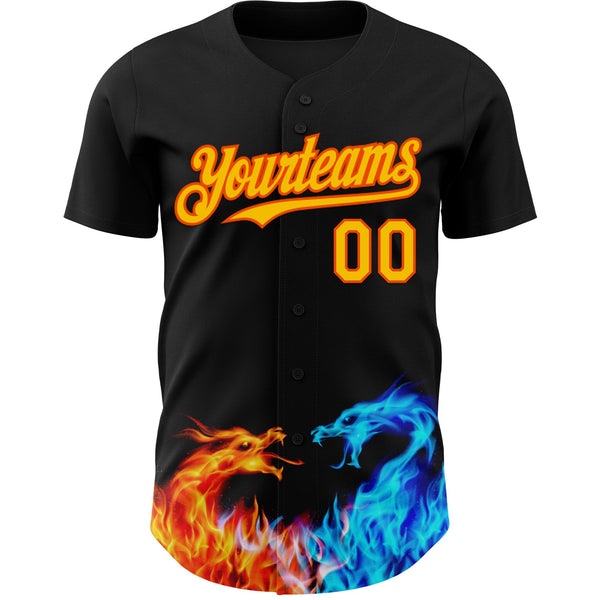 Custom Black Yellow-Orange 3D Pattern Design Fire Dragon Authentic Baseball Jersey alternate
