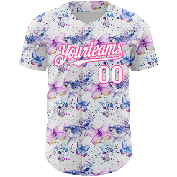 Custom White Pink 3D Pattern Design Animal Butterfly Authentic Baseball Jersey alternate