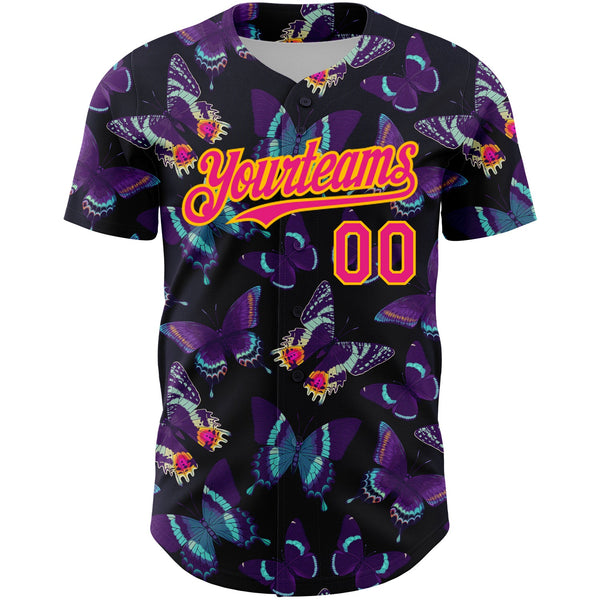 Custom Black Hot Pink-Yellow 3D Pattern Design Animal Butterfly Authentic Baseball Jersey alternate