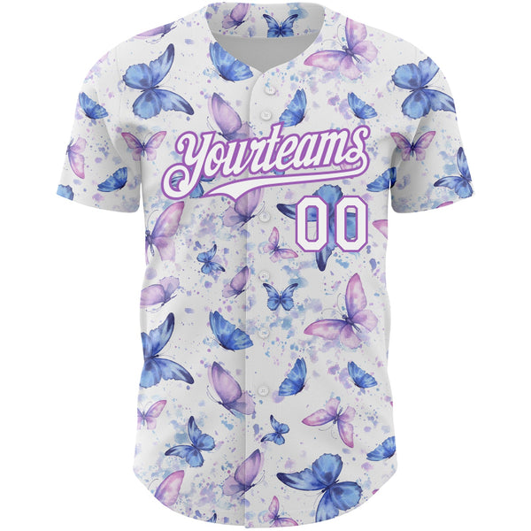 Custom White Medium Purple 3D Pattern Design Animal Butterfly Authentic Baseball Jersey alternate