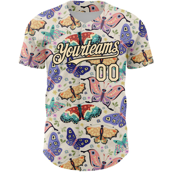 Custom Cream Black 3D Pattern Design Animal Butterfly Authentic Baseball Jersey alternate