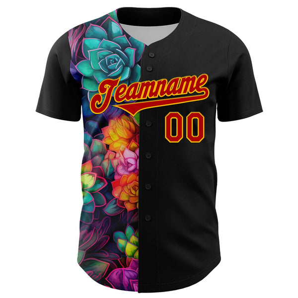 Custom Black Red-Gold 3D Pattern Design Rave Flower Authentic Baseball Jersey alternate