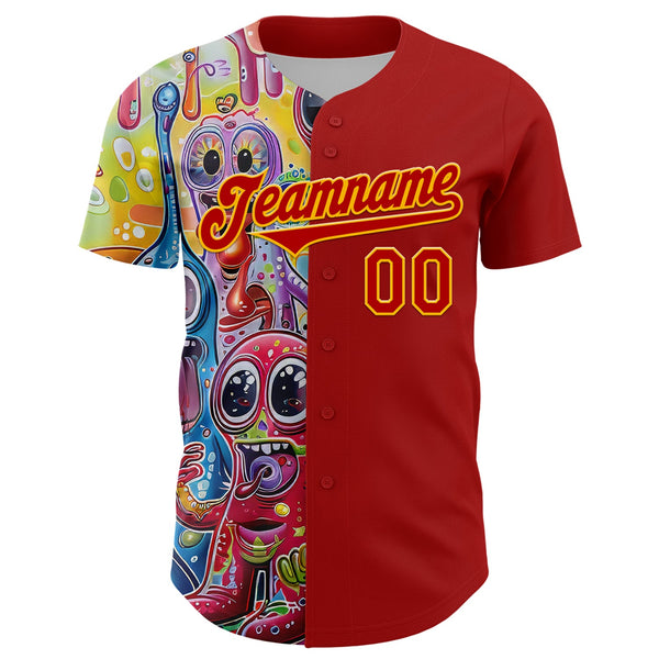 Custom Red Gold 3D Pattern Design Rave Funny Monster Authentic Baseball Jersey alternate