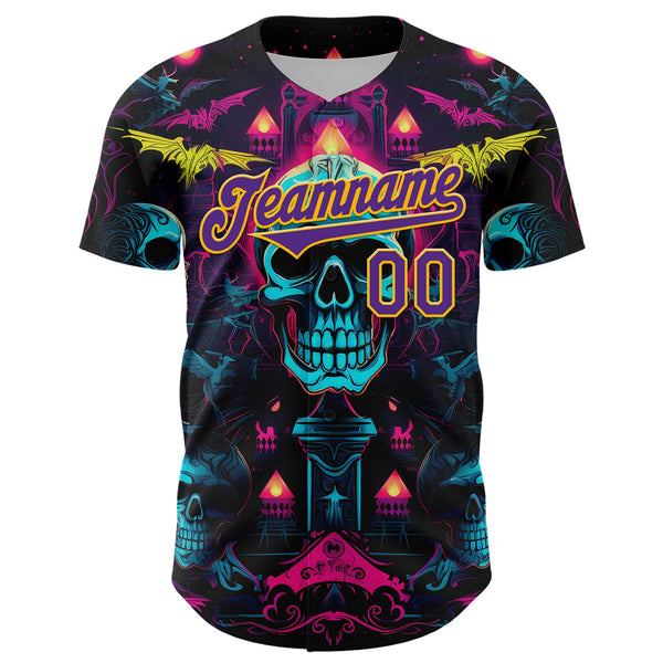 Custom Black Purple-Gold 3D Pattern Design Rave Skull Authentic Baseball Jersey alternate