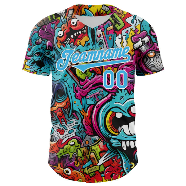 Custom White Sky Blue 3D Pattern Design Rave Psychedelic Authentic Baseball Jersey alternate