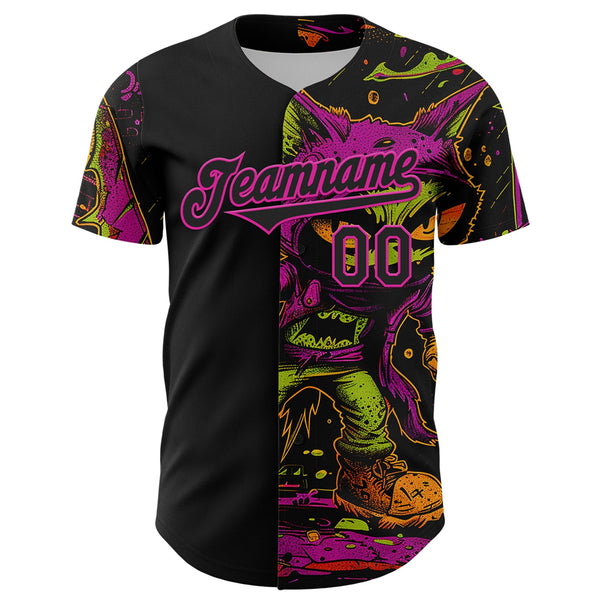 Custom Black Deep Pink 3D Pattern Design Rave Monster Authentic Baseball Jersey alternate