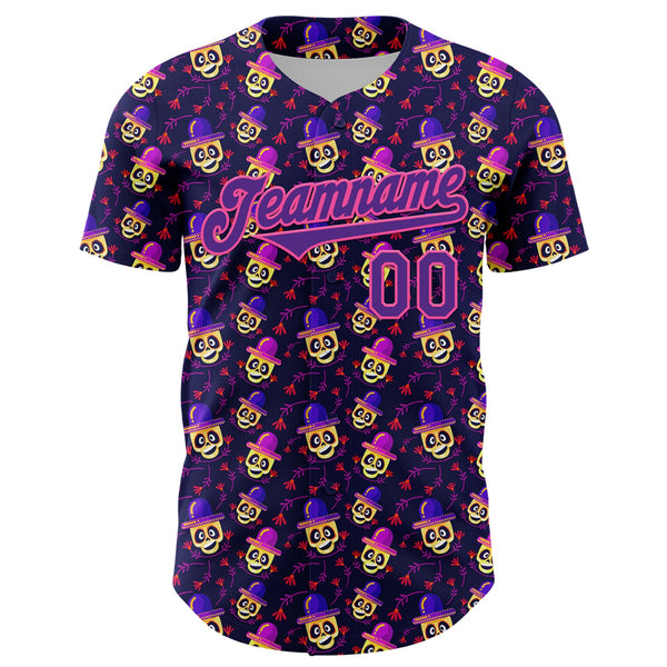 Custom Purple Pink 3D Pattern Design Rave Skull Authentic Baseball Jersey alternate
