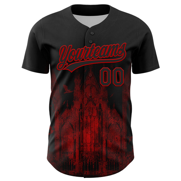 Custom Black Red 3D Pattern Design Palace Gothic Style Church Authentic Baseball Jersey alternate