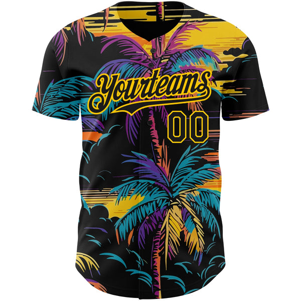 Custom Black Yellow 3D Pattern Design Tropical Hawaii Palms Trees Authentic Baseball Jersey alternate