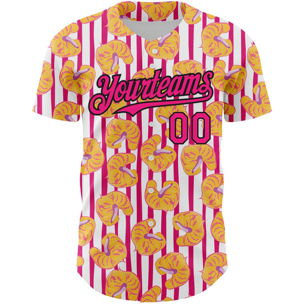 Custom White Hot Pink-Black 3D Pattern Design Tropical Anthurium Flower Authentic Baseball Jersey alternate