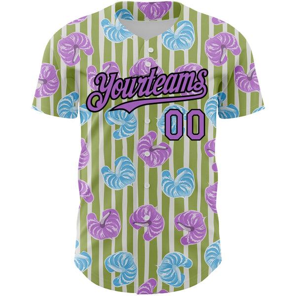 Custom Olive Medium Purple-Black 3D Pattern Design Tropical Anthurium Flower Authentic Baseball Jersey alternate