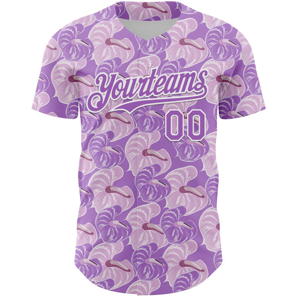 Custom Light Purple White 3D Pattern Design Tropical Anthurium Flower Authentic Baseball Jersey alternate