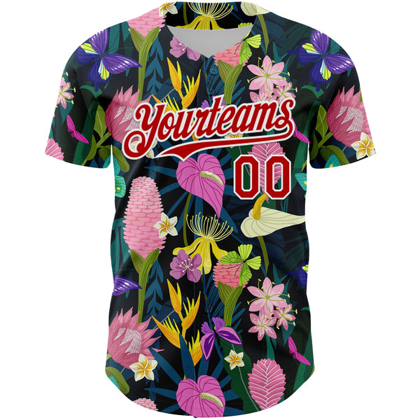 Custom Black Red-White 3D Pattern Design Tropical Anthurium Flower Authentic Baseball Jersey alternate
