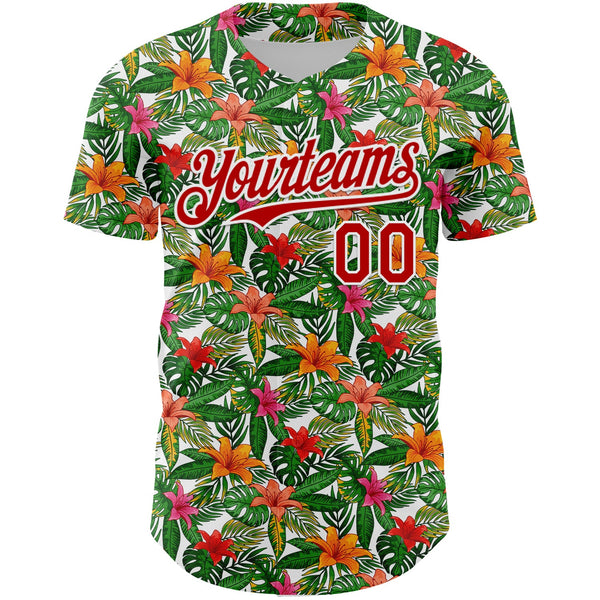 Custom White Red 3D Pattern Design Tropical Flower Authentic Baseball Jersey alternate