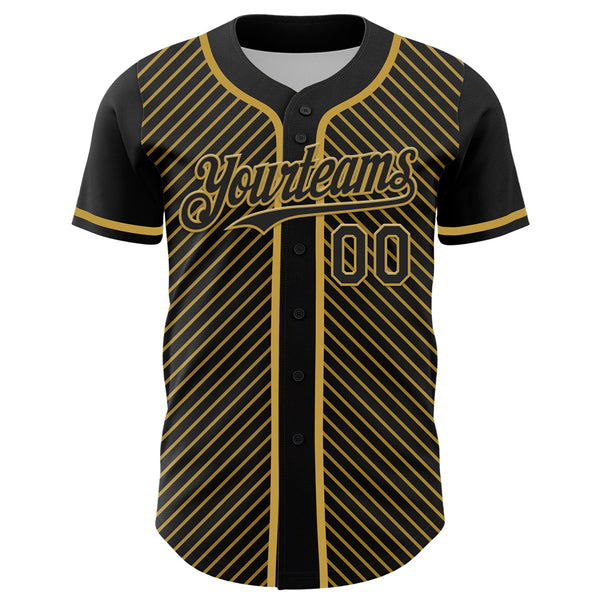 Custom Black Old Gold 3D Pattern Design Diagonal Stripes Authentic Baseball Jersey alternate