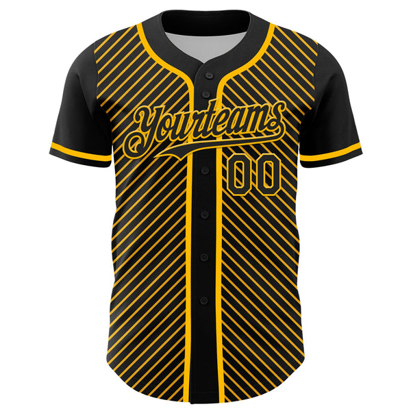 Custom Black Gold 3D Pattern Design Diagonal Stripes Authentic Baseball Jersey alternate