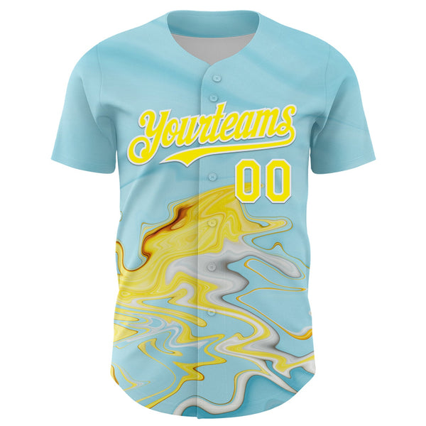 Custom Ice Blue Light Yellow-White 3D Pattern Design Abstract Liquid Fluid Art Authentic Baseball Jersey alternate