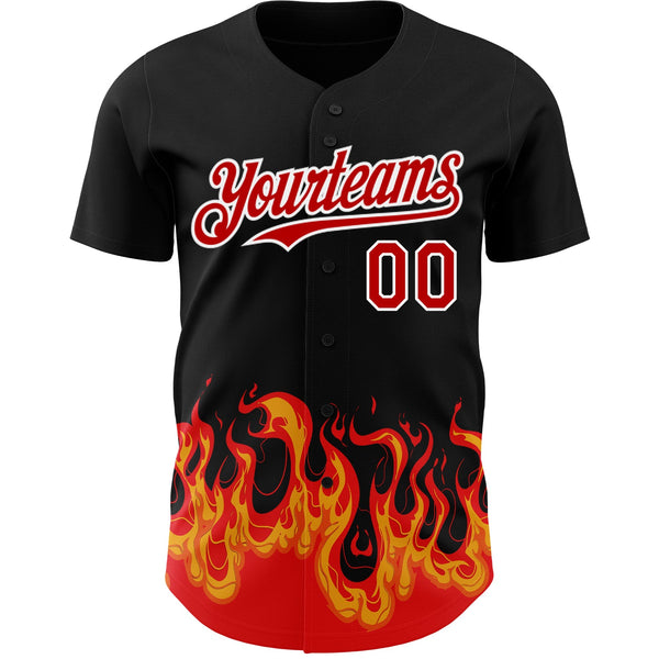 Custom Black Red-White 3D Pattern Design Flame Authentic Baseball Jersey alternate