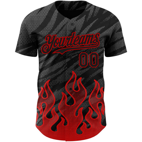 Custom Black Red 3D Pattern Design Flame Authentic Baseball Jersey alternate
