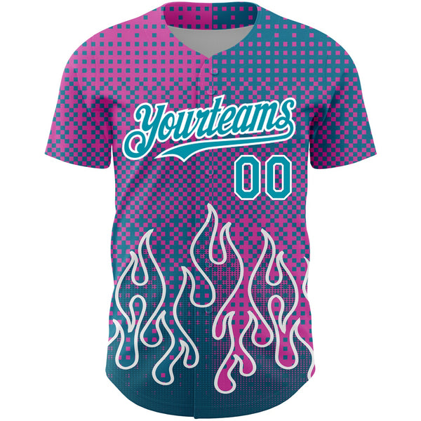 Custom Pink Teal-White 3D Pattern Design Flame Authentic Baseball Jersey alternate