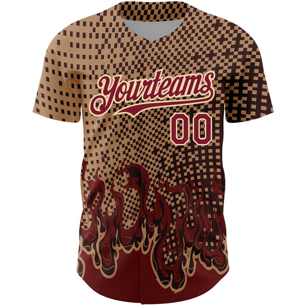 Custom Old Gold Crimson-City Cream 3D Pattern Design Flame Authentic Baseball Jersey alternate